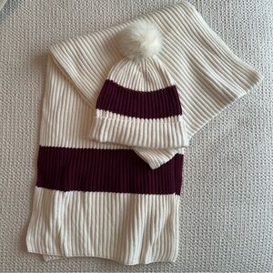 Club Monaco Cream & Burgundy Knitted Scarf & Hat Set